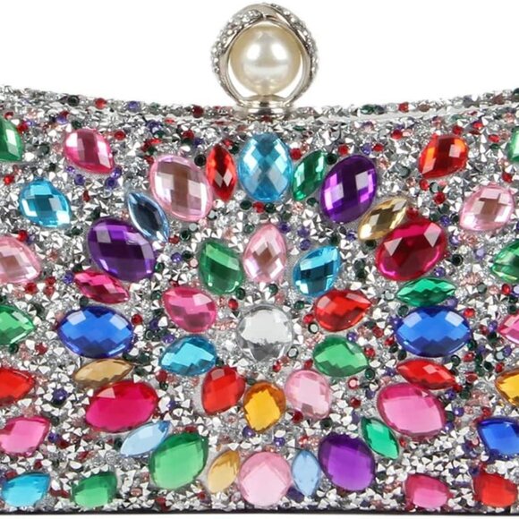 Women Rhinestone Evening Bag Leather MultiColor Crystal Clutch for Party Bridal - Picture 1 of 6